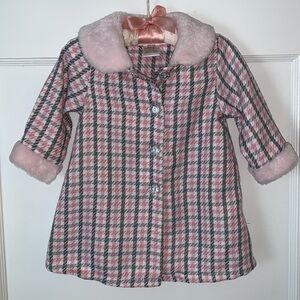 Youngland Pink & Gray Plaid Coat with Faux Fur 6-9M EUC